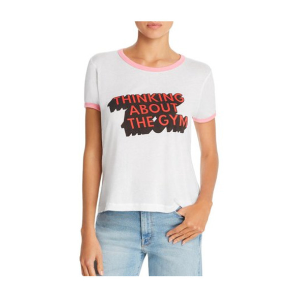 Wildfox NWT Thinking About The Gym Contrast Trim Boxy T-Shirt White Pink Red XS - Picture 4 of 8